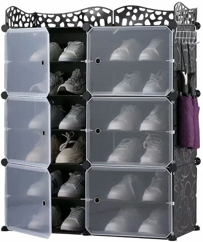 Photo 1 of (Incomplete - Parts Only) KING&CINLM Shoe Rack 12 Cube Black Shoe Storage Cabinet, Plastic Shoe Shelves Space Saving Organizer, DIY Multipurpose Interlocking Storage Container 2X6 Layers
