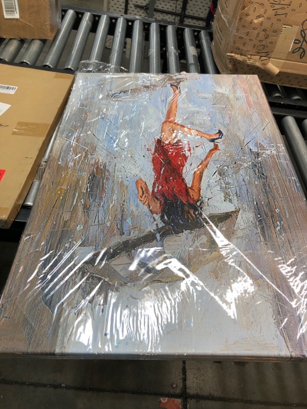 Photo 1 of Abstract Wall Art Rain Modern Canvas Painting Girl Umbrella with Red Dress Walking in Street Figure Artwork 24"X36"
