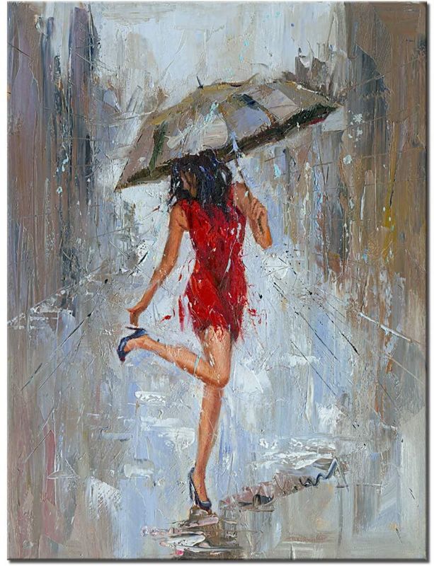 Photo 1 of Abstract Wall Art Rain Modern Canvas Painting Girl Umbrella with Red Dress Walking in Street Figure Artwork 24"X36"
