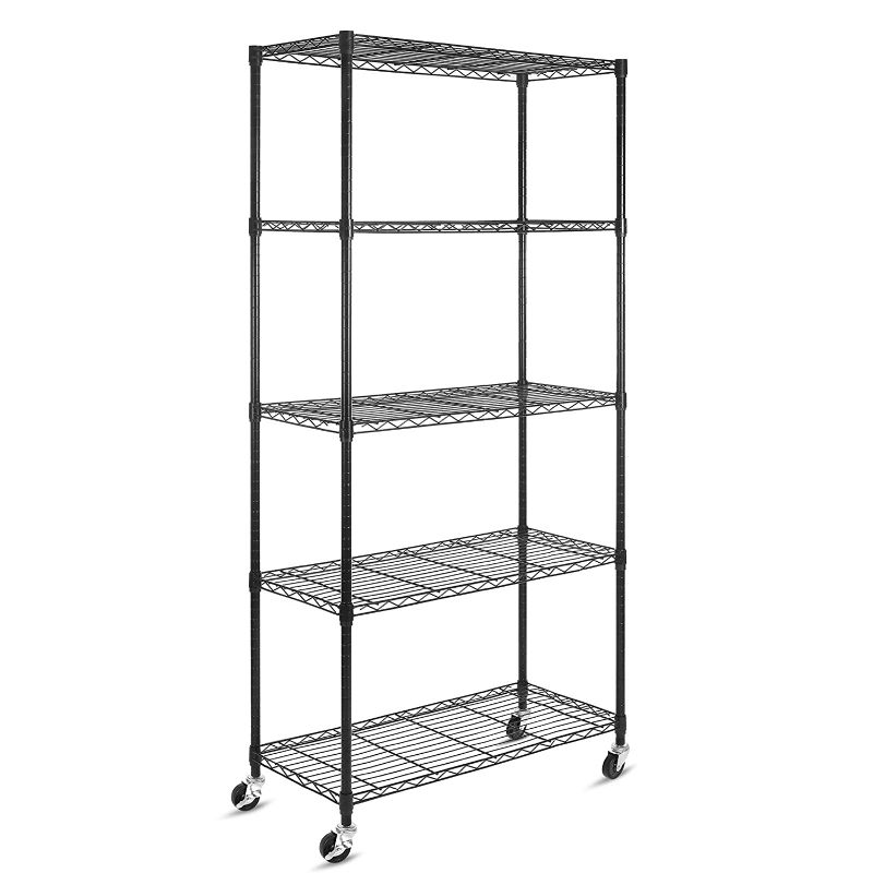 Photo 1 of 5-Shelf Shelving Storage Units on Wheels Casters, Adjustable Heavy Duty Metal Shelf Wire Storage Rack for Home Office Garage Kitchen Bathroom Organization(16”Wx36”Dx72”H), Black
