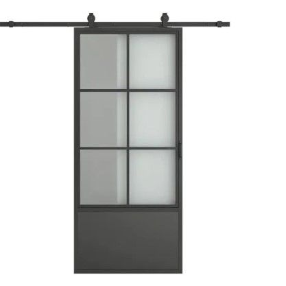 Photo 1 of 37 in. x 84 in. 3/4 Lites Clear Glass Black Steel Frame Interior Barn Door with Sliding Hardware Kit and Door Handle
