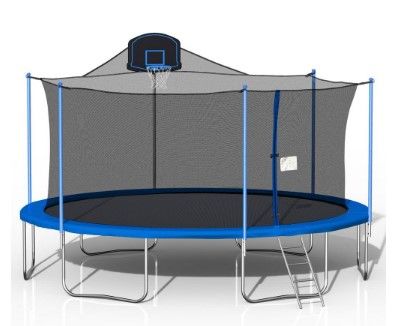 Photo 1 of 16 ft. Outdoor Blue Trampoline with Safety Enclosure Net
