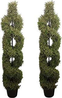 Photo 1 of Admired By Nature 2 x 5' Artificial Boxwood Leave Double Spiral Topiary Plant Tree in Plastic Pot, Green, Twin Pack