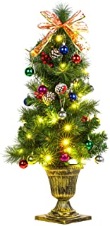 Photo 1 of HOOJO 3 FT Small Christmas Tree with Lights, Battery Operated Mini Xmas Tree, Includes Gold Pot Base, for Holiday Outdoor Front Porch Decorations
