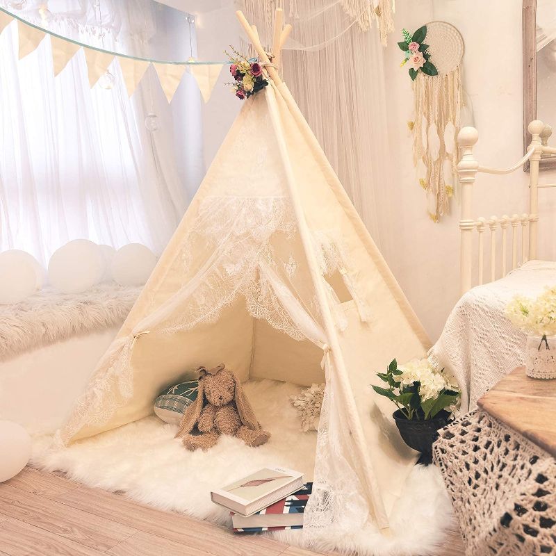 Photo 1 of  Teepee Tent for Kids, Classic Cute Children Playing House Indoor Tents for Girl Boy Nursery Decor (Lace Beige Cotton)