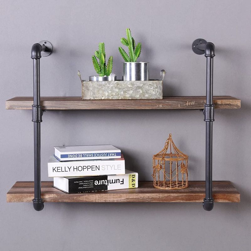 Photo 1 of 2-Shelf Rustic Pipe Shelving Unit, Vintage Industrial Pipe Wall Shelf, Retro Brown