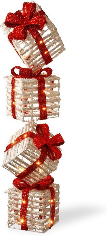 Photo 1 of **BENT**AND DENTED** NATIONAL TREE 33" WHITE PLASTIC RATTAN GIFTBOX TOWER WITH 35 MICRO WARM WHITE BATTERY OPERATED LED LIGHTS (MZC-799)
