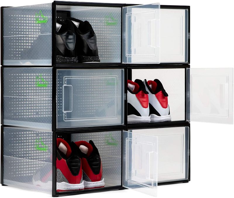 Photo 1 of **SIMILAR TO POSTED ITEM**SHOEPREEM BLACK LARGE 6 pack - 14.6 Inches Long for BIG Shoes & Sneakers, Shoe Storage Organizer, Shoe Storage Boxes, Shoe Box Clear Plastic Stackable, Shoe Containers, Shoe Organizer for Closet

