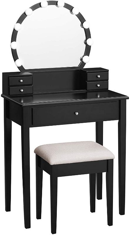 Photo 1 of ***DAMAGED**VASAGLE Vanity Set Dressing Table with Mirror, 10 Light Bulbs, Stool 5 Drawers, 27.6 x 15.7 x 52.8 inches, Black
