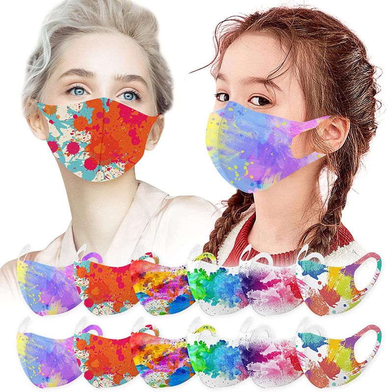 Photo 1 of 12 Pcs kids Colorful Dye Print Face_Masks Fashion,Reusable Washable Face cotton fabric gifts for Boys Girls for School (12 Pack Parent-Children)
