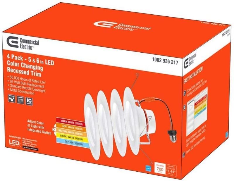 Photo 1 of 2 LIGHTS ONLY -- Commercial Electric
5/6 in. Matte White Integrated LED Recessed Trim 5-Ways (4-Pack)