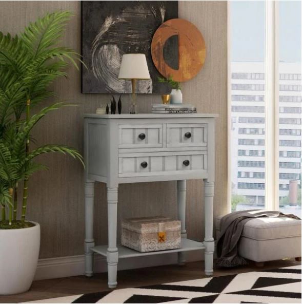 Photo 1 of 24 in. Gray Standard Rectangle Wood Console Table with 3-Drawers
