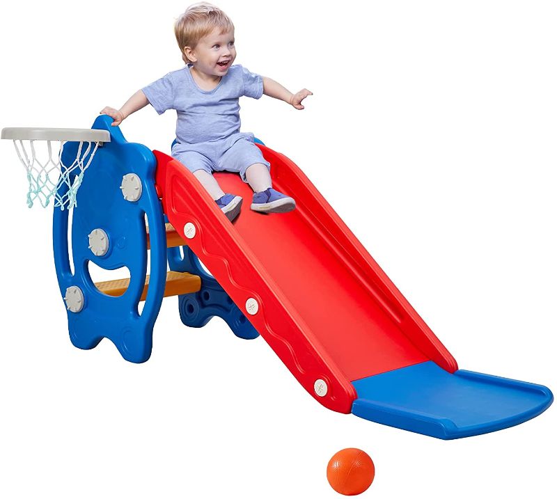 Photo 1 of Papababe 3 in 1 Slide for Baby, Toddler Playground Slipping Slide Climber, Extra Long Slide Slope with Basketball Hoop, Indoor Outdoor Backyard Use, First Slide for Kids(Red and Blue)
