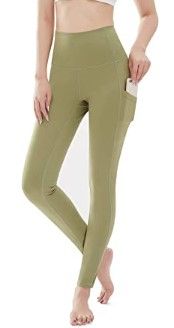 Photo 1 of SEWALU Women’s High Waist Yoga Pants with Pockets, Tummy Control Workout Leggings No See-Thru Large Olive Green 