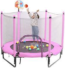Photo 1 of **INCOMPLETE** Trampoline for Kids 5 FT Indoor Outdoor Toddler Trampoline Bulit-in Zipper Heavy Duty Steel Frame with Basketball Hoop, Rubber Ball and Safety Net
