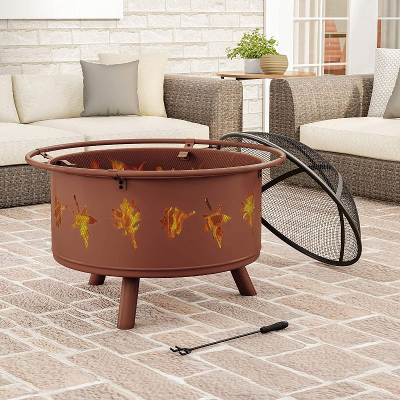 Photo 1 of  32” Outdoor Deep Fire Pit-Round Large Steel Bowl with Leaf Cutouts, Mesh Spark Screen, Log Poker & Storage Cover-Patio Wood Burning, Rust

