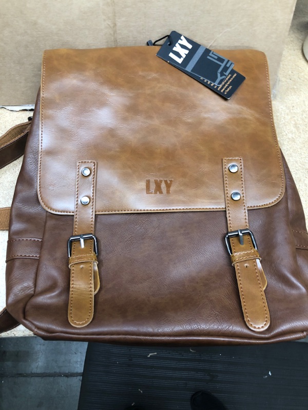 Photo 2 of LXY Vegan Leather Backpack Vintage Laptop Bookbag for Women Men, Brown Faux Leather Backpack Purse College School Bookbag Weekend Travel Daypack
