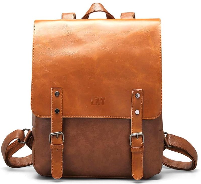 Photo 1 of LXY Vegan Leather Backpack Vintage Laptop Bookbag for Women Men, Brown Faux Leather Backpack Purse College School Bookbag Weekend Travel Daypack
