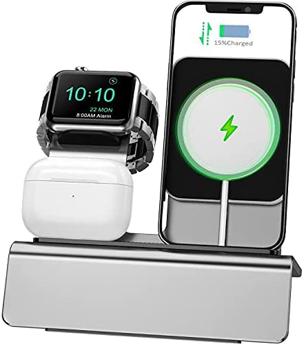 Photo 1 of Yestan Charging Dock Compatible with Apple Watch Magsafe Stand, iWatch 6/SE/5/4/3/2/1, AirPods Pro and iPhone Series 12/11/Xs/X Max/XR/X/8/ 8P/7/7P/6S/6S Plus(Charger & Cables Needed) Silver