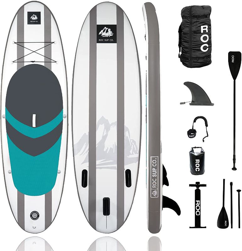 Photo 1 of Roc Inflatable Stand Up Paddle Board with Premium sup Accessories & Backpack, Non-Slip Deck, Waterproof Bag, Leash, Paddle and Hand Pump.

//fin is broken 