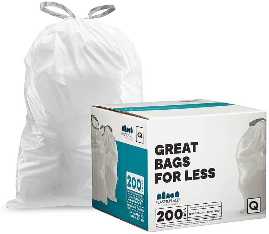 Photo 1 of Plasticplace Custom Fit Trash Bags simplehuman (x) Code Q Compatible (200 Count) White Drawstring Garbage Liners 13-17 Gallon
