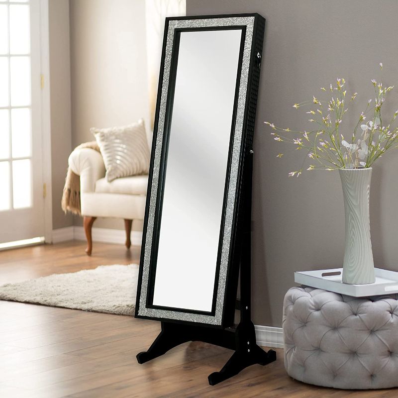 Photo 1 of Iconic Home Glitzy Contemporary Elegant Black Crystal-Border Cheval Mirror Jewelry Armoire
