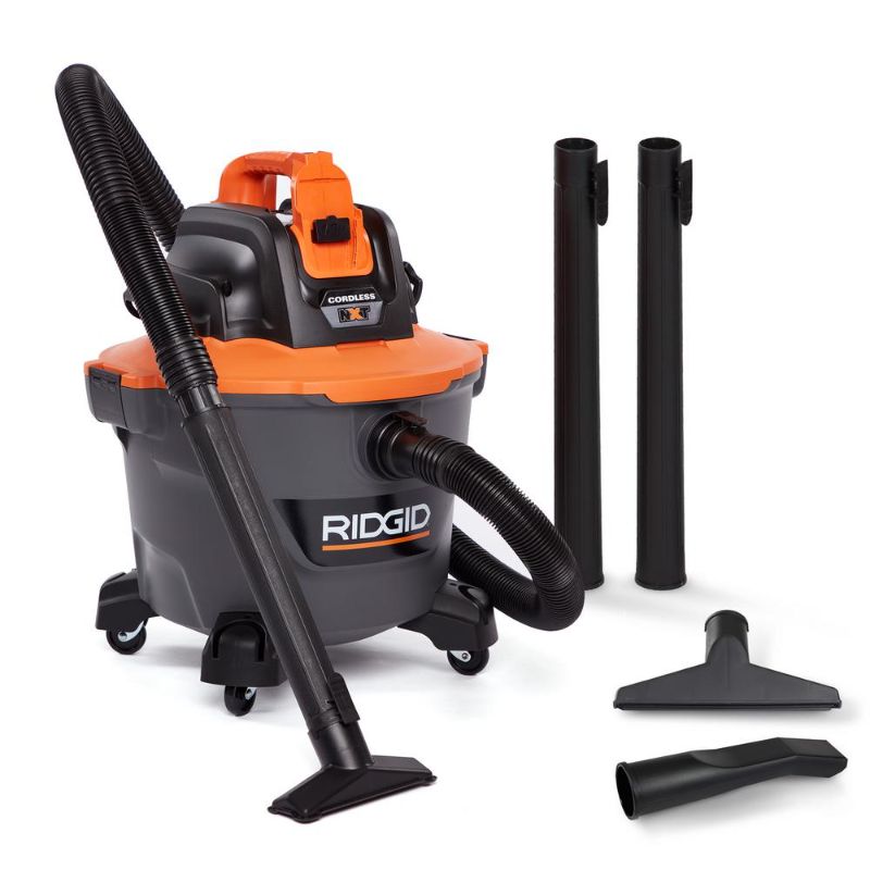 Photo 1 of **NO BATTERIES** RIDGID 9 Gal. 18-Volt Cordless Wet/Dry Shop Vacuum (Tool Only) with Filter, Hose and Accessories, Oranges/Peaches
