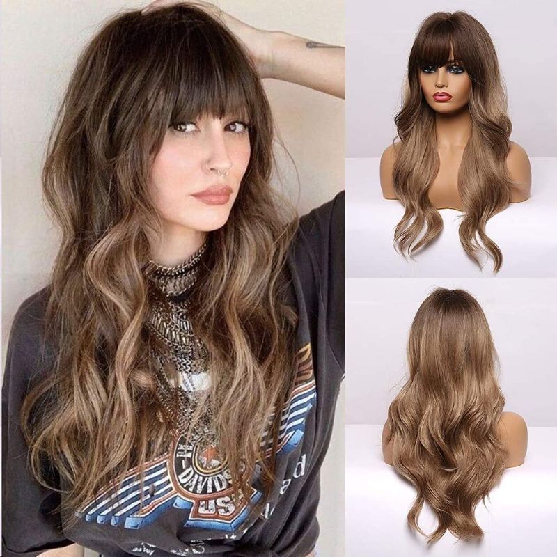 Photo 1 of BOGSEA Ombre Wig with Bangs Dark Blonde Wig Long Wavy Wigs for Women Synthetic Wavy Wigs Heat Resistant Hair Long Wigs for Daily Party (Dark Ashy Blonde Ombre)
