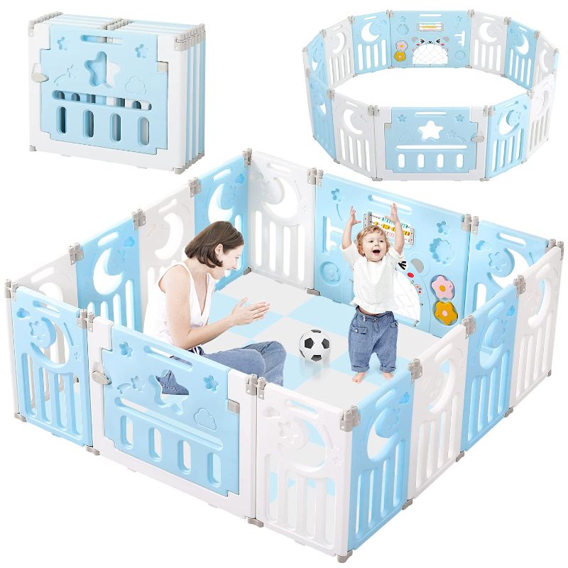 Photo 1 of Baby Playpen, Dripex Upgrade Foldable Kids Activity Centre Safety Play Yard Home Indoor Outdoor Baby Fence Play Pen NO Gaps with Gate for (14 Panel, Dream Blue + White)
