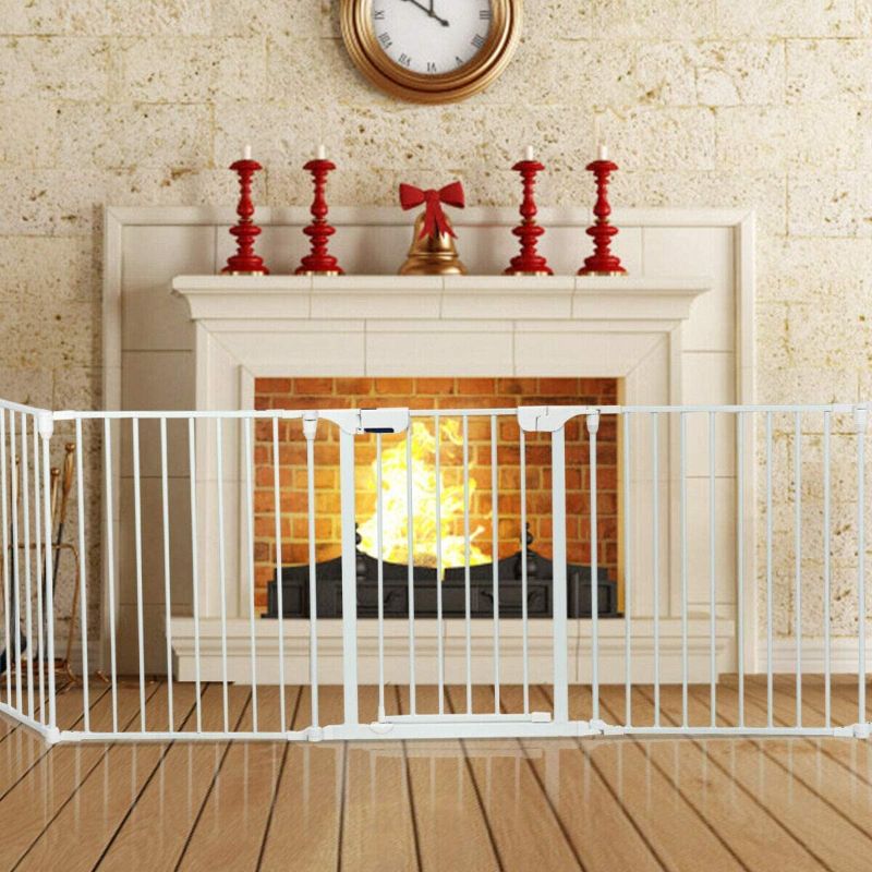 Photo 1 of Costzon Baby Safety Gate, 115 Inch Length 5 Panel Adjustable Wide Fireplace Fence, BBQ Metal Fire Gate, Pet Isolation Fence with Walk-Through Door, Freestanding Pets Gate (White, Medium)
