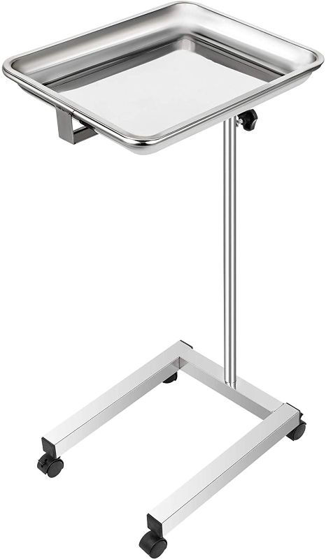 Photo 1 of VEVOR Lab Cart Stainless Steel Mayo Tray Stand 18x14 Inch Trolley Mayo Stand Adjustable Height 32-51 Inch Instrument Tray w/Removable Tray & 4 Omnidirectional Wheels for Home Equipment Personal Care
