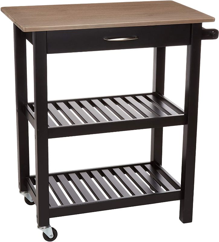 Photo 1 of Amazon Basics Kitchen Island Cart with Storage, Solid Wood Top and Wheels - Gray-Wash / Black
