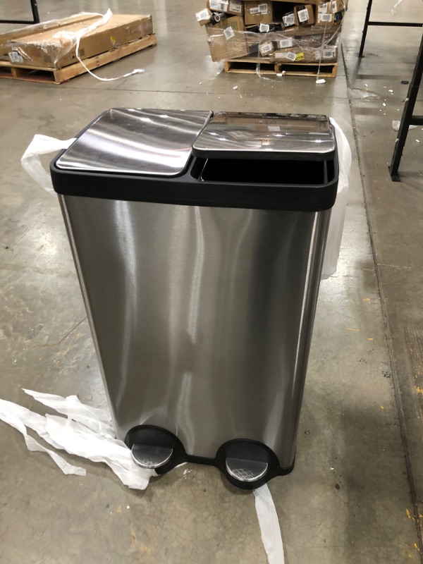 Photo 3 of  Dual Step Trash Can & Recycle, Stainless Steel Lid and Bin Body with Handle, Includes 2 x 8 Gallon (60L) Removable Buckets are Color-Coded, Soft-close and Airtight Lid, Silver
