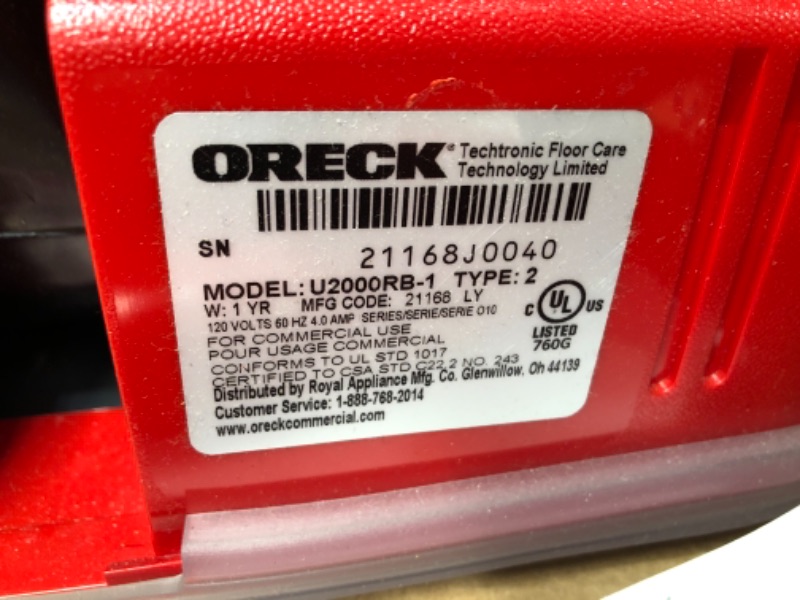 Photo 3 of Oreck Commercial U2000RB-1 Commercial 12-1/2 in. x 9-1/4 in. x 47-3/4 in. Upright Vacuum - Red/Gray