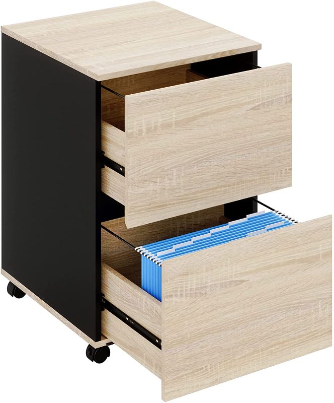 Photo 1 of Bestier 2 Drawer Mobile File Cabinet with 10 Free A4 File Holders Wood Rolling Filing Cabinet for A4/Legal/Letter Size Under Desk Printer Stand with Storage for Home Office, Oak
