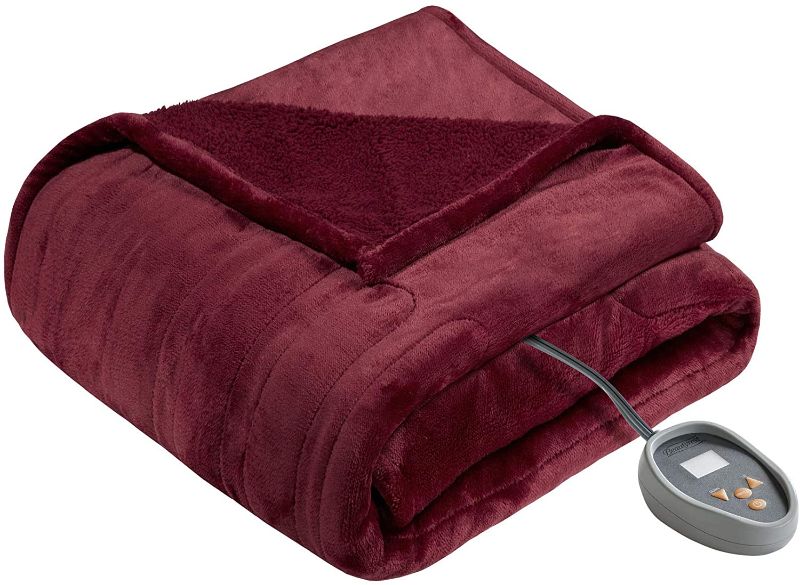 Photo 1 of ***DOES NOT TURN ON*** Beautyrest Microlight to Sherpa Reversible Electric Blanket Throw, Adjustable Multi-Level Heat Setting Controller Cozy Living Room Couch, Sofa, Bed, Queen, Red

