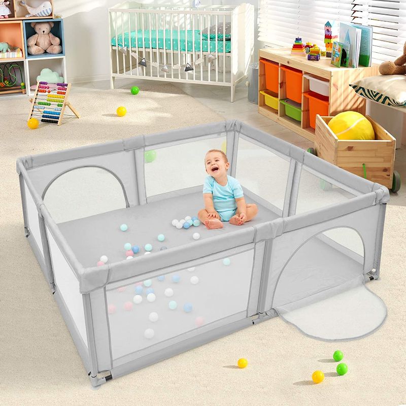 Photo 1 of Costzon Baby Playpen, Extra Large Playpen for Babies, Portable Play Yards Indoor Outdoor Gates for Kids with Gates/Anti-Slip Suckers/Breathable Mesh Walls, 81” x 73” x 27” (Grey)
