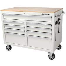 Photo 1 of ***KEY IS MISSING***46 in. W x 24.5 in. D 9-Drawer Gloss White Deep Tool Chest Mobile Workbench with Hardwood Top
