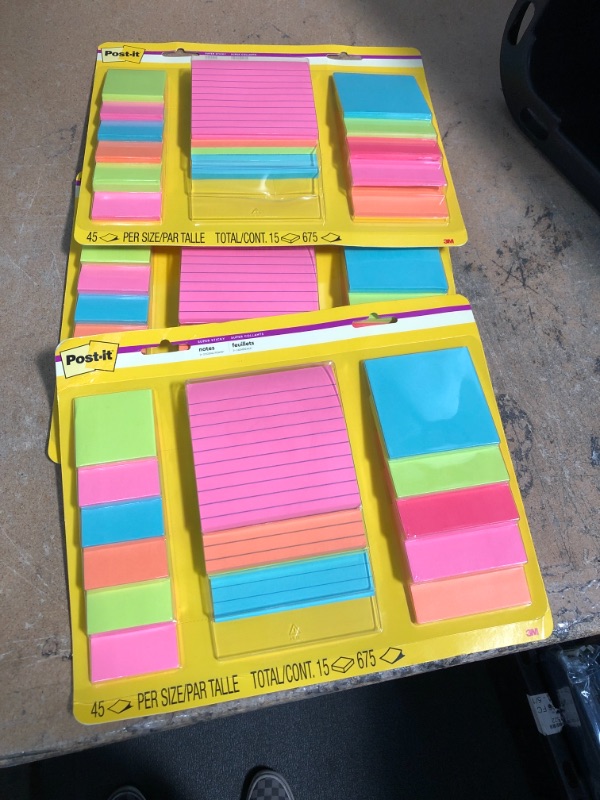 Photo 2 of ** SETS OF 3 **
Post-it Super Sticky Notes, Assorted Sizes, 15 Pads, 2x the Sticking Power, Miami Collection, Neon Colors (Orange, Pink, Blue, Green), Recyclable (4423-15SSMIA)
