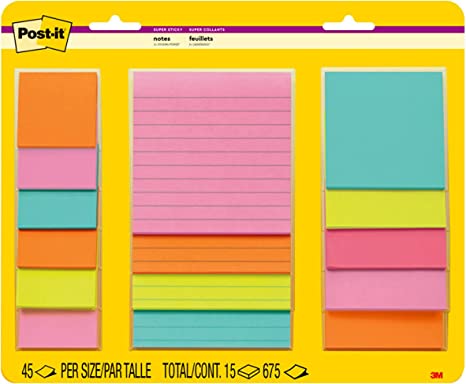 Photo 1 of ** SETS OF 3 **
Post-it Super Sticky Notes, Assorted Sizes, 15 Pads, 2x the Sticking Power, Miami Collection, Neon Colors (Orange, Pink, Blue, Green), Recyclable (4423-15SSMIA)
