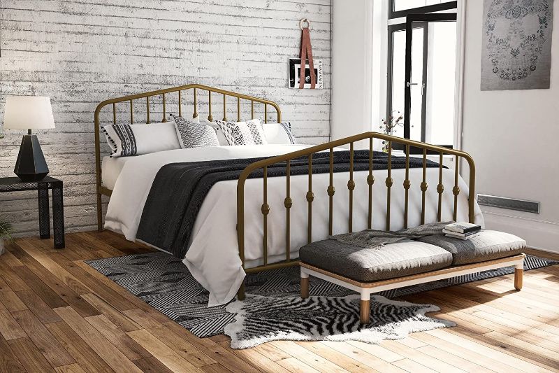 Photo 1 of ***MINOR PAINT DAMAGE** Novogratz Bushwick Metal Bed with Headboard and Footboard | Modern Design | Queen Size - Gold
