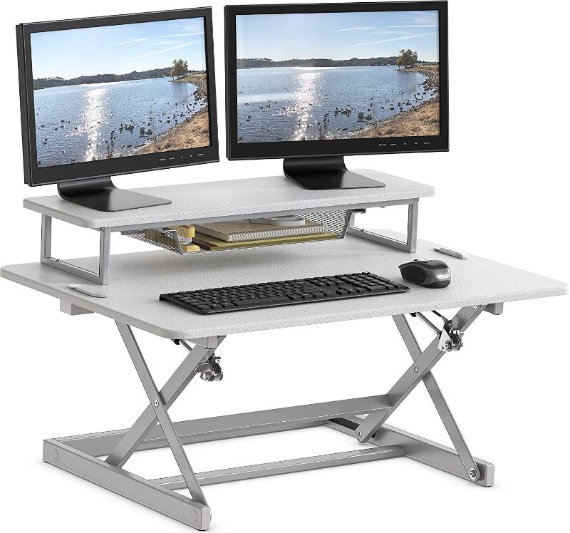 Photo 1 of SHW 36-Inch Height Adjustable Standing Desk Converter Sit to Stand Riser Workstation, White
