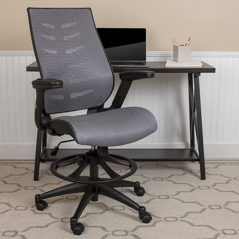 Photo 1 of Flash Furniture High Back Dark Gray Mesh Spine-Back Ergonomic Drafting Chair with Adjustable Foot Ring and Adjustable Flip-Up Arms
