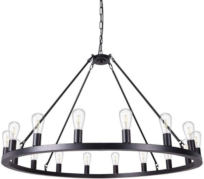 Photo 1 of Wellmet Matte Black Wagon Wheel Chandelier 16-Light Diam 47 inch, Farmhouse Rustic Industrial Country Style Large Round Pendant Light Fixture for Dining Room, Living Room
