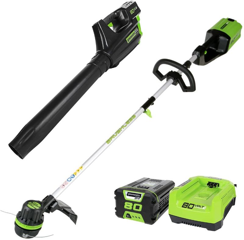 Photo 1 of Greenworks Pro 80V Cordless Brushless String Trimmer + Leaf Blower Combo, 2Ah Battery and Charger Included STBA80L210

//UNABLE TO TEST MISSING BATTERY AND CHARGER 
