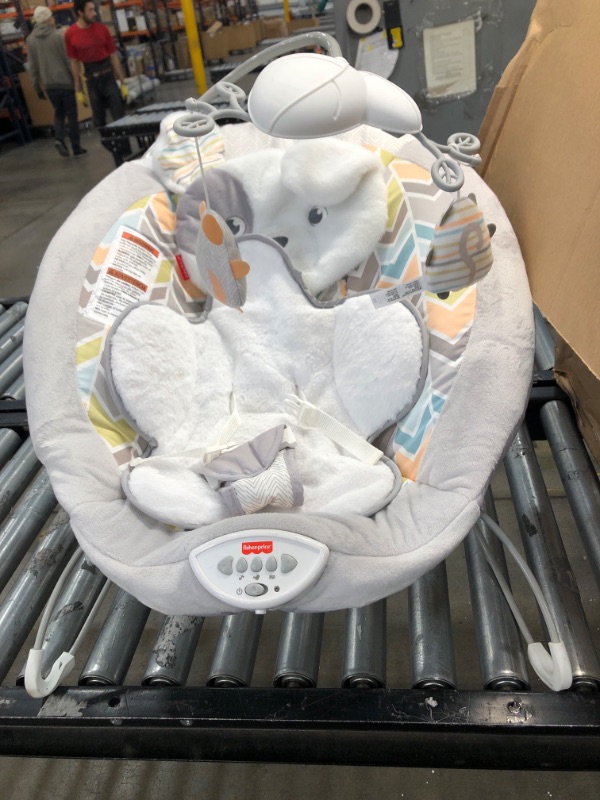 Photo 1 of Fisher-Price Sweet Snugapuppy Deluxe Bouncer, Portable Bouncing Baby Seat with Overhead Mobile, Music and Calming Vibrations, White

//MISSING POWER CABLE 
