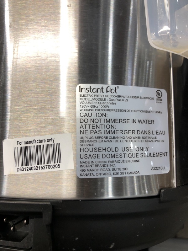 Photo 1 of Instant Pot Duo Plus 6 Quart 9-in-1 Electric Pressure Cooker, Slow Cooker, Rice Cooker, Steamer, Sauté, Yogurt Maker, Warmer & Sterilizer, 15 One-Touch Programs,Stainless Steel/Black

//TESTED AND FUNCTIONAL