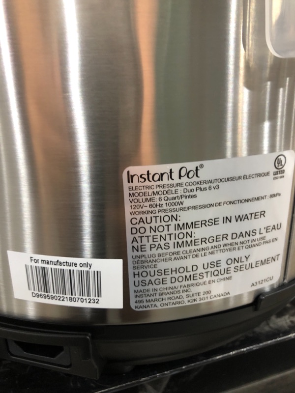 Photo 1 of Instant Pot Duo Plus 6 Quart 9-in-1 Electric Pressure Cooker, Slow Cooker, Rice Cooker, Steamer, Sauté, Yogurt Maker, Warmer & Sterilizer, 15 One-Touch Programs,Stainless Steel/Black

//MINOR DAMAGE WITH HANDLE BROKEN, TESTED AND FUNCTIONAL