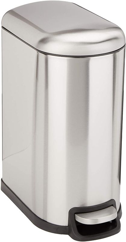 Photo 1 of Amazon Basics 10 Liter / 2.6 Gallon Soft-Close, Smudge Resistant Trash Can with Foot Pedal for Narrow Spaces - Brushed Stainless Steel

//DIRTY FROM PREVIOUS USE
