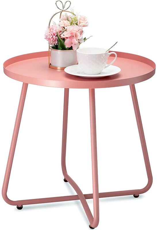 Photo 1 of danpinera Outdoor Side Tables, Weather Resistant Steel Patio Side Table, Small Round Outdoor End Table Metal Side Table for Patio Yard Balcony Garden Bedside Pink
